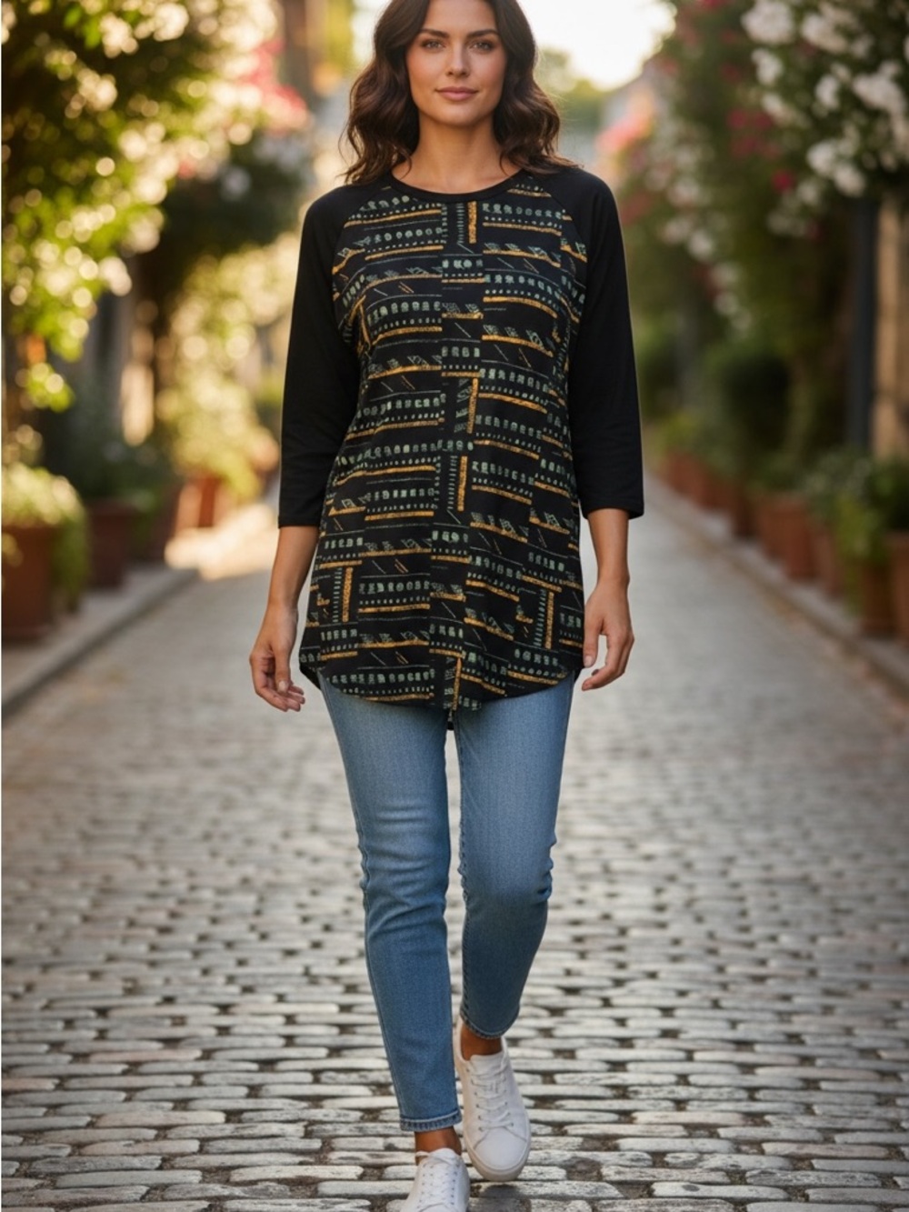 LuLaRoe Black Tunic Top with Gold and Teal Geometric Print